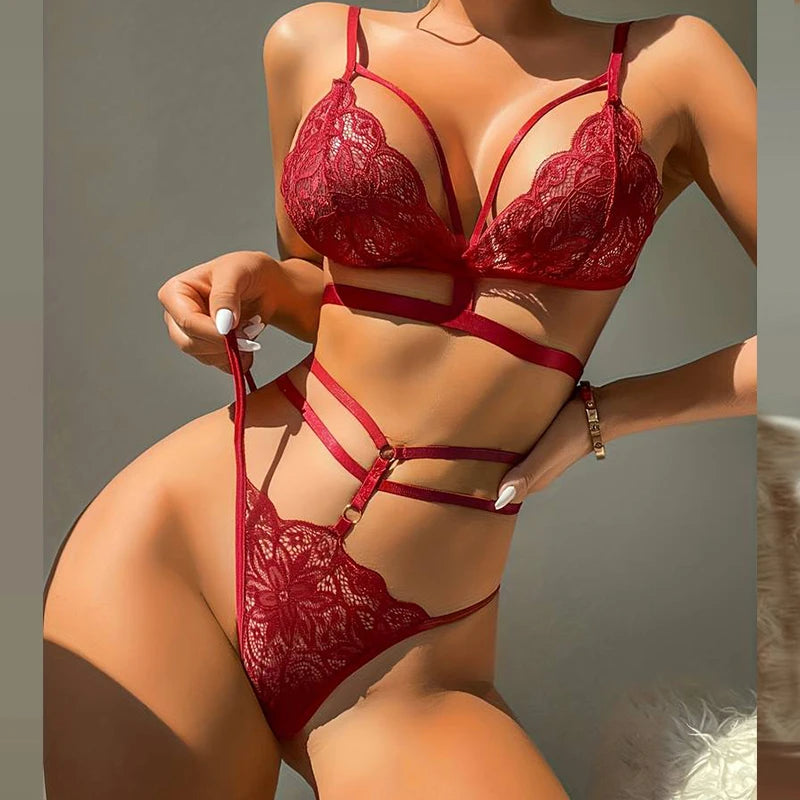 No. 4 Lingerie Set, 2 PC High Waisted Thong Panty With Hollowed Out Detailing, Caged Backless Bra