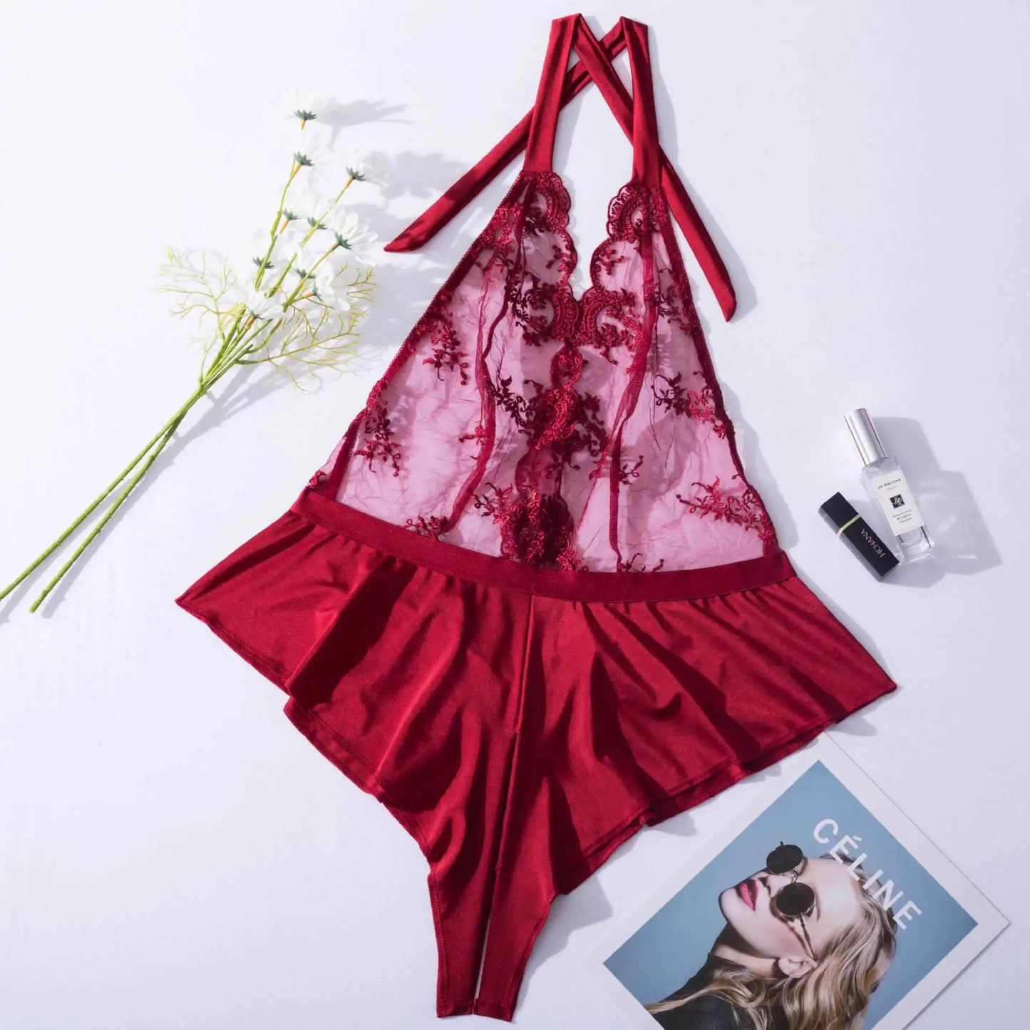 No. 6 Lingerie Set, Delicate Lace Halter with Tie, Attached French Cut Shorts with Key Hole Back