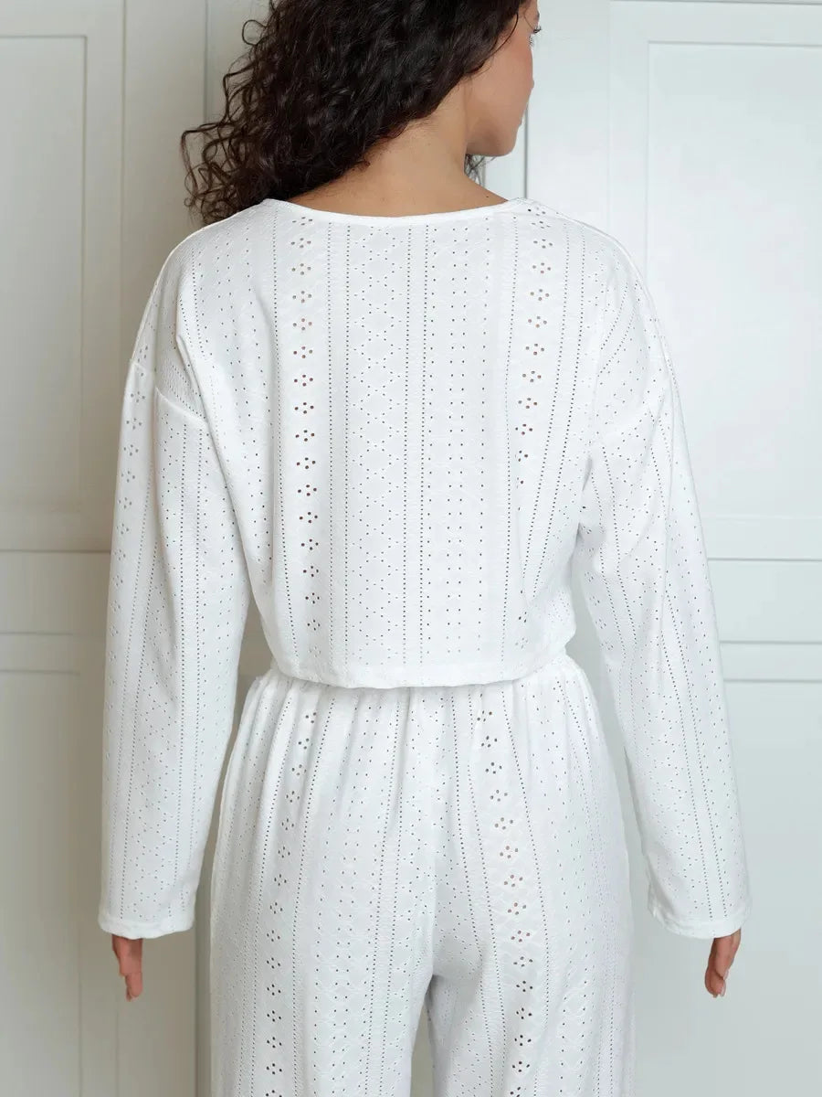 No. 7 Sleepwear Set, 2 PC, Semi Sheer, Long Sleeve, Pant, Eyelet Detailing, Cozy, Summer