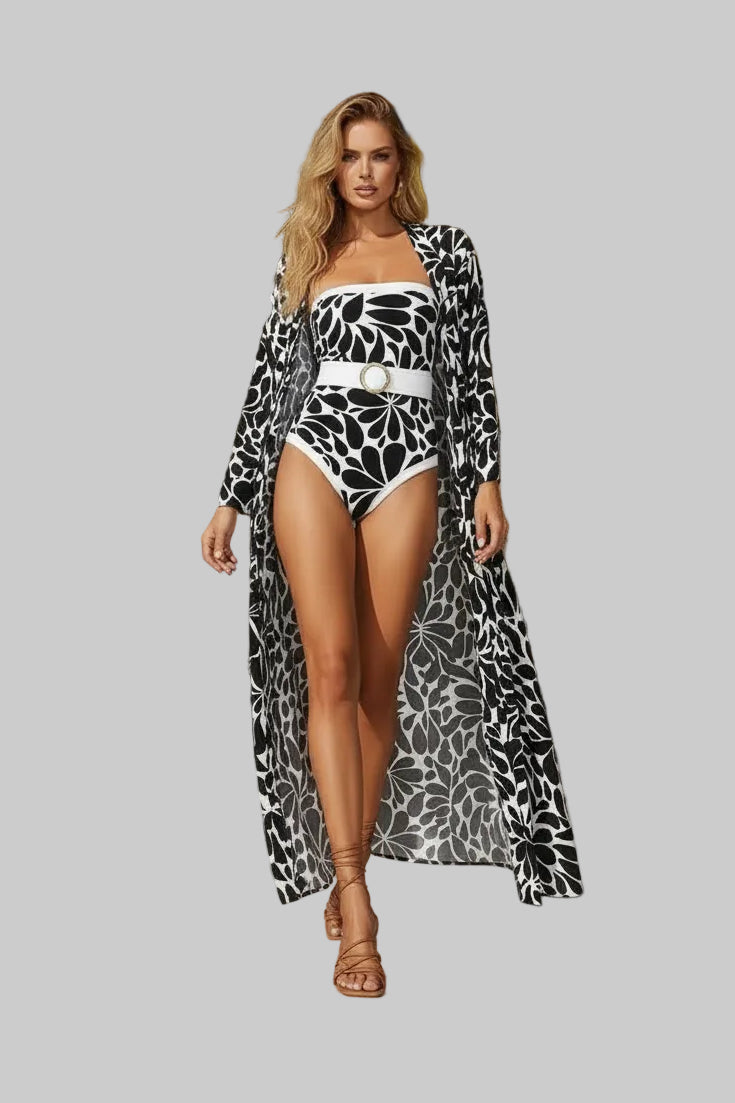 No. 4 Swimsuit, The Bloom Bandeau 1 PC, Waist Accentuating Belt, Includes Intentionally Sheer Maxi Cover With Bell Sleeves, Tie Waist, And Open Front Design