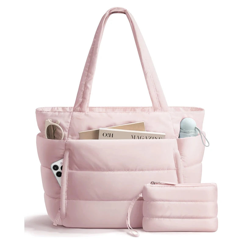 No. 4 Tote, Cloud Carry Quilted Tote, Soft Puffer-Style, Luggage Sleeve, Matching Pouch Included