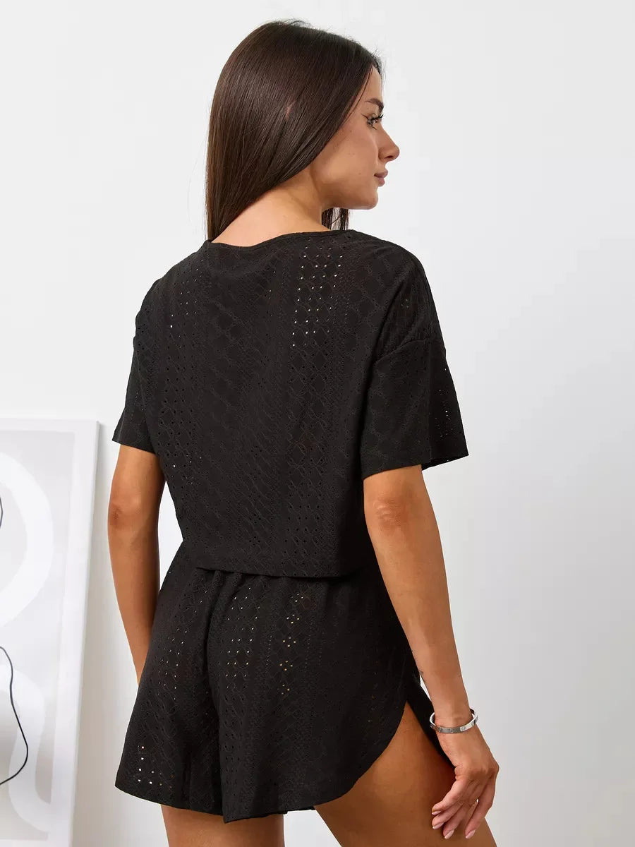 No. 1 Sleepwear Set, 2PC, Peekaboo Shorts, Short Sleeve Top, Eyelet Detailing, Cozy, Summer