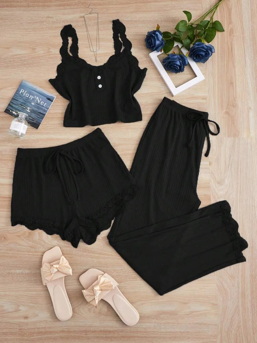 No. 5 Sleepwear Set, 3PC, Scalloped Neckline Tank Top, Ribbed Matching Shorty Short, Matching Scallop Hem Pant, Soft Essential