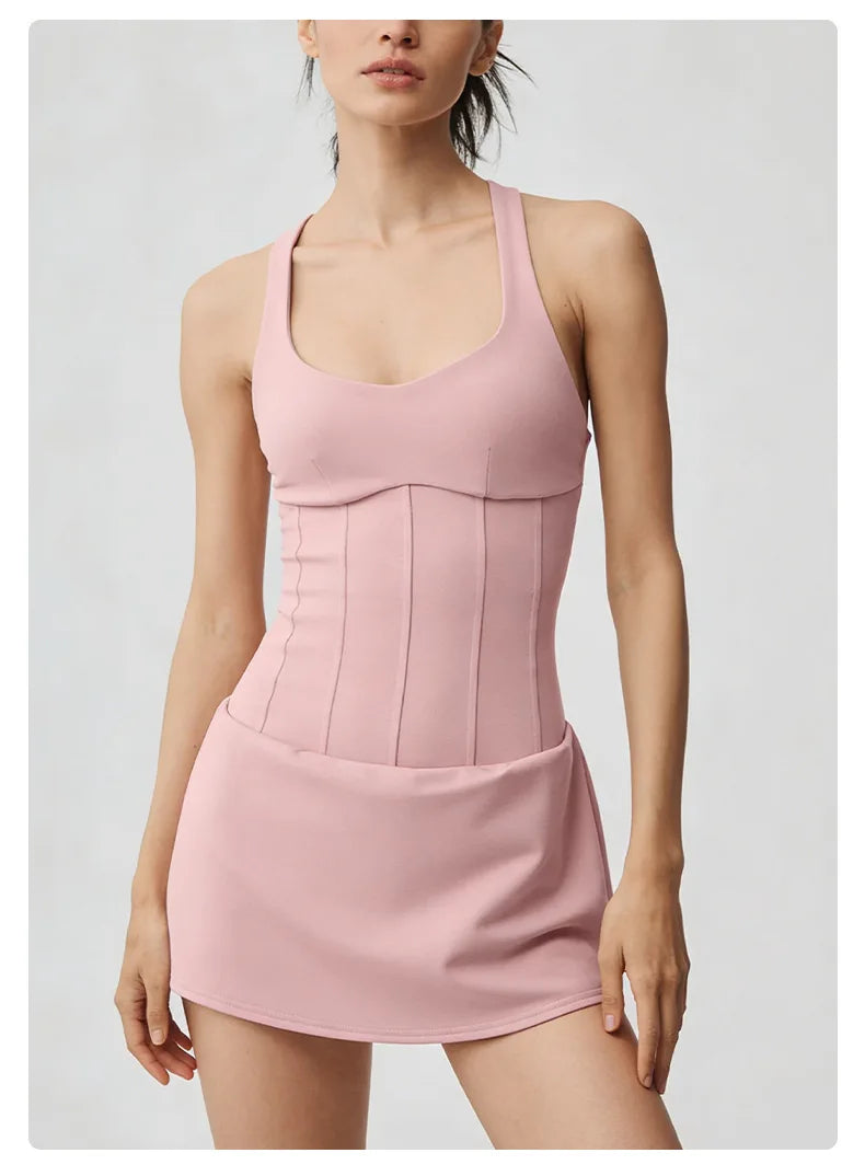 No. 8 Dress, Corset Waist Tennis Dress, Criss Cross Back, Under Shorts, Dry Fit