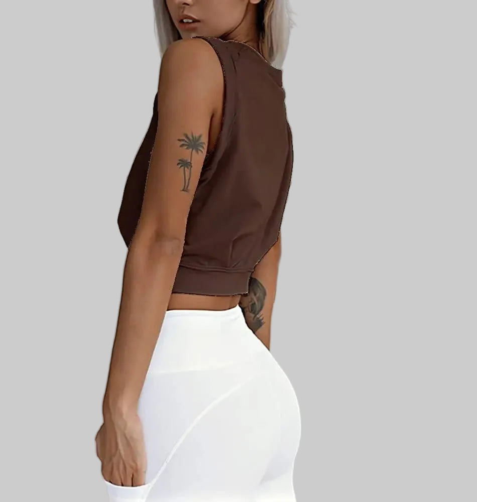 No. 7 Loungewear Top, Crop Top With Cinched Waist, Sleeveless With Distressed Collar, Casual