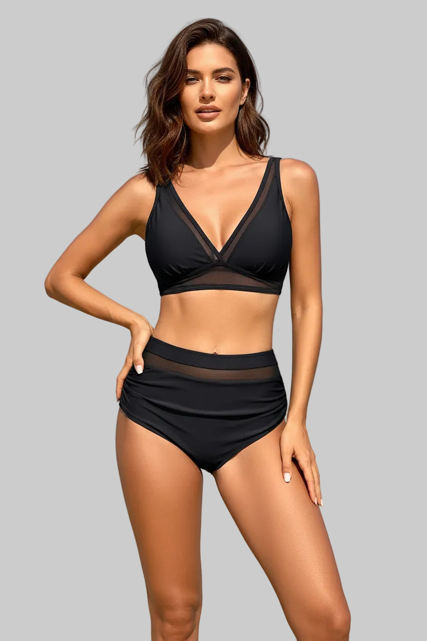 No. 8 Swimsuit, 2-3 PC High Waisted Bikini Set, V- Neck Bralette With Sheer Paneling, Full Coverage Brief, Sheer Mesh Waistband, Extended Sizes Available