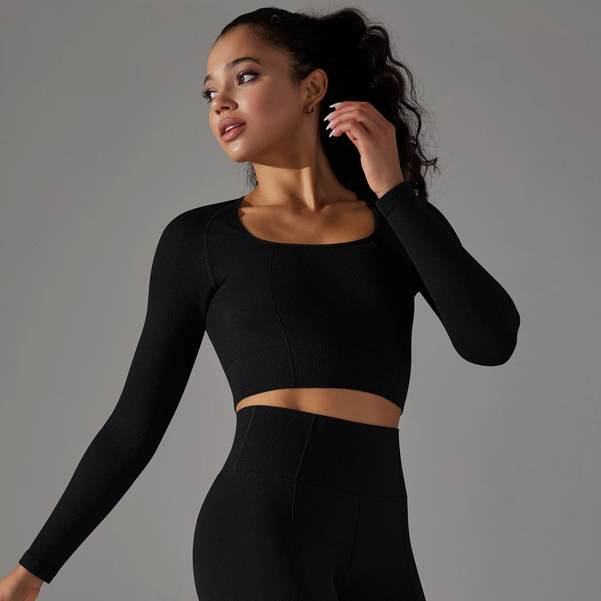 No. 2 Matching Set, Long Sleeve Scoop Neck Compressive Crop Top, With Training Legging