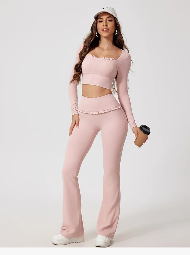No. 8 Matching Set, Coquette, Ruffle Detailing Along Neckline And Waist, Long Sleeve, Crop Top, Square Neck