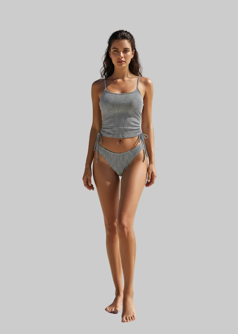 No. 7 Swimsuit, 2 PC Premium Micro-Ribbed Tankini Set, Scoop Neckline, Side Ruching, Tie Detailing, High Cut Panty, Moderate Coverage
