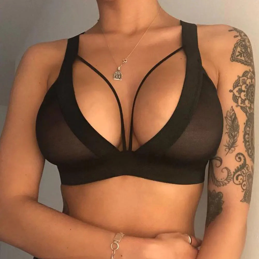 No. 6 Lingerie Bra, Seamless, Deep V Lace Bralette, Caged Neckline, No Underwire