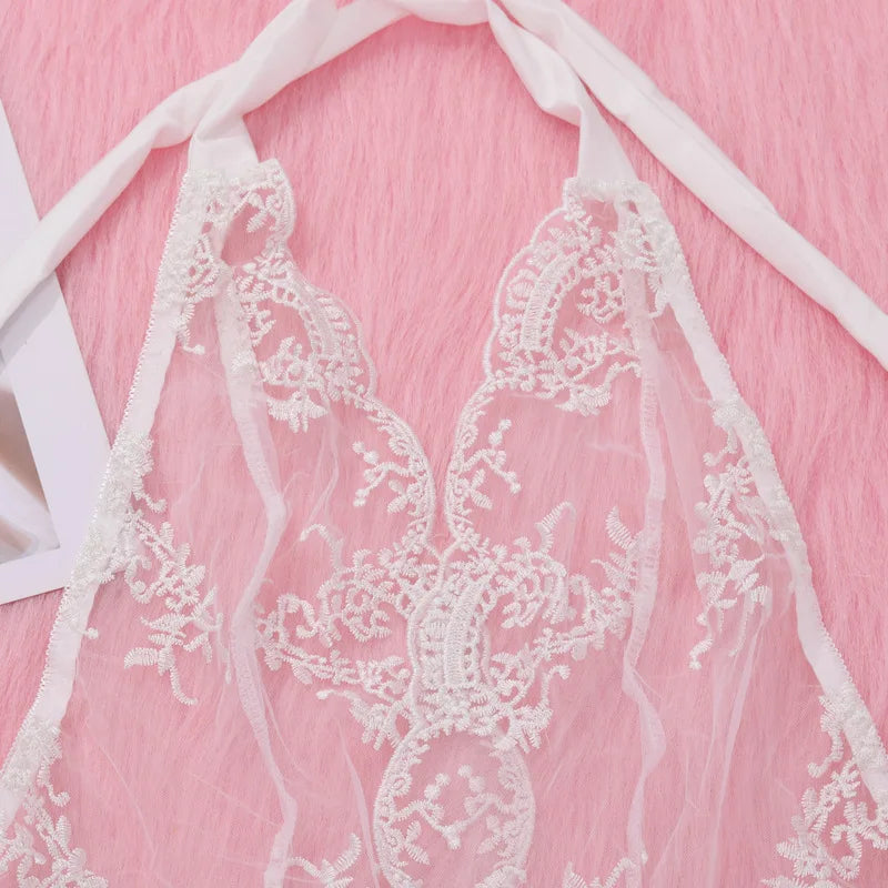 No. 6 Lingerie Set, Delicate Lace Halter with Tie, Attached French Cut Shorts with Key Hole Back