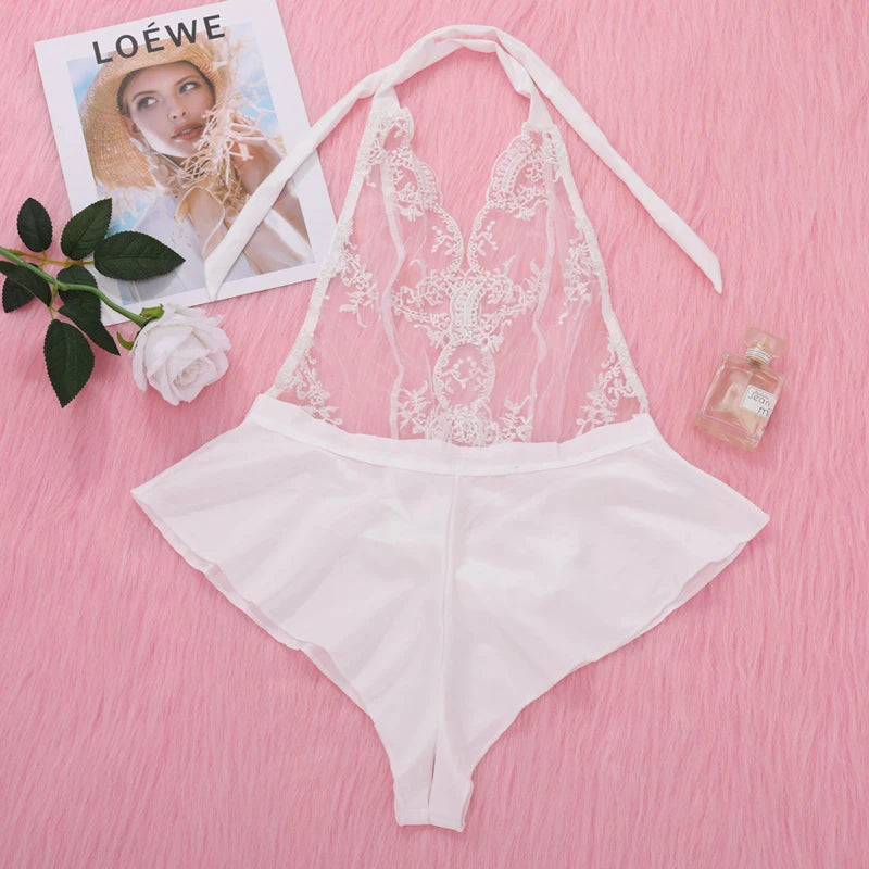 No. 6 Lingerie Set, Delicate Lace Halter with Tie, Attached French Cut Shorts with Key Hole Back