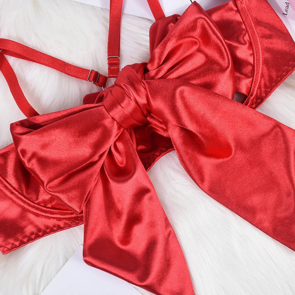 No. 2 Lingerie Set, 3 PC Gift Wrapped Bra With Hollow Cups, Caged Neckline, High Waist Thong, Garters