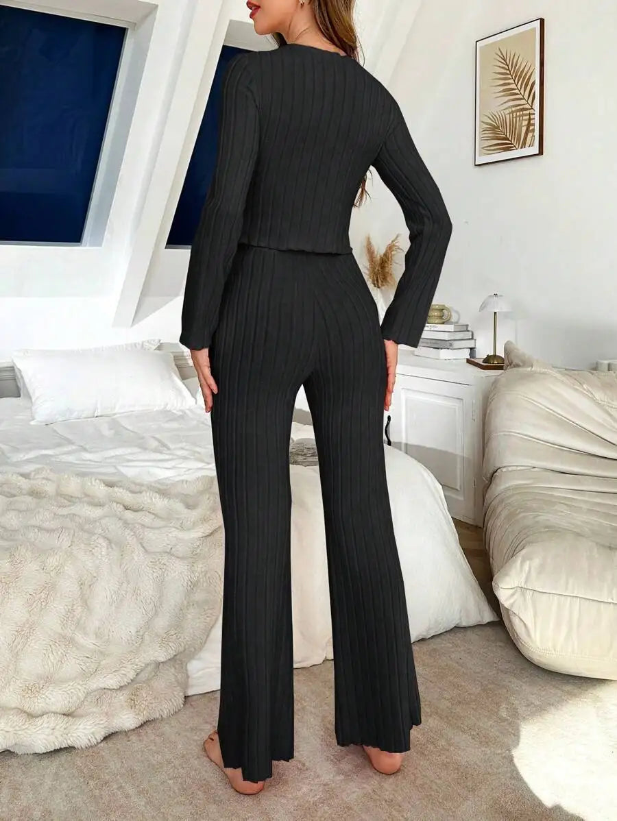 No. 8 Sleepwear Set, Long Sleeve, Ribbed, Lettuce Detailing, Matching Ribbed Flare Pant, Cozy