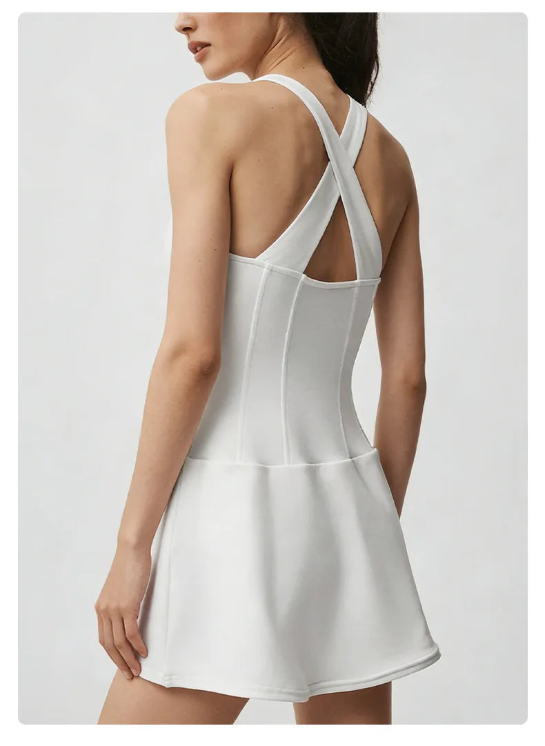 No. 8 Dress, Corset Waist Tennis Dress, Criss Cross Back, Under Shorts, Dry Fit