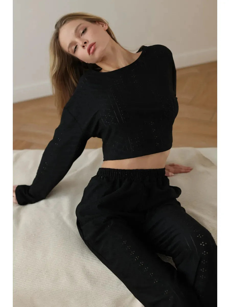 No. 7 Sleepwear Set, 2 PC, Semi Sheer, Long Sleeve, Pant, Eyelet Detailing, Cozy, Summer