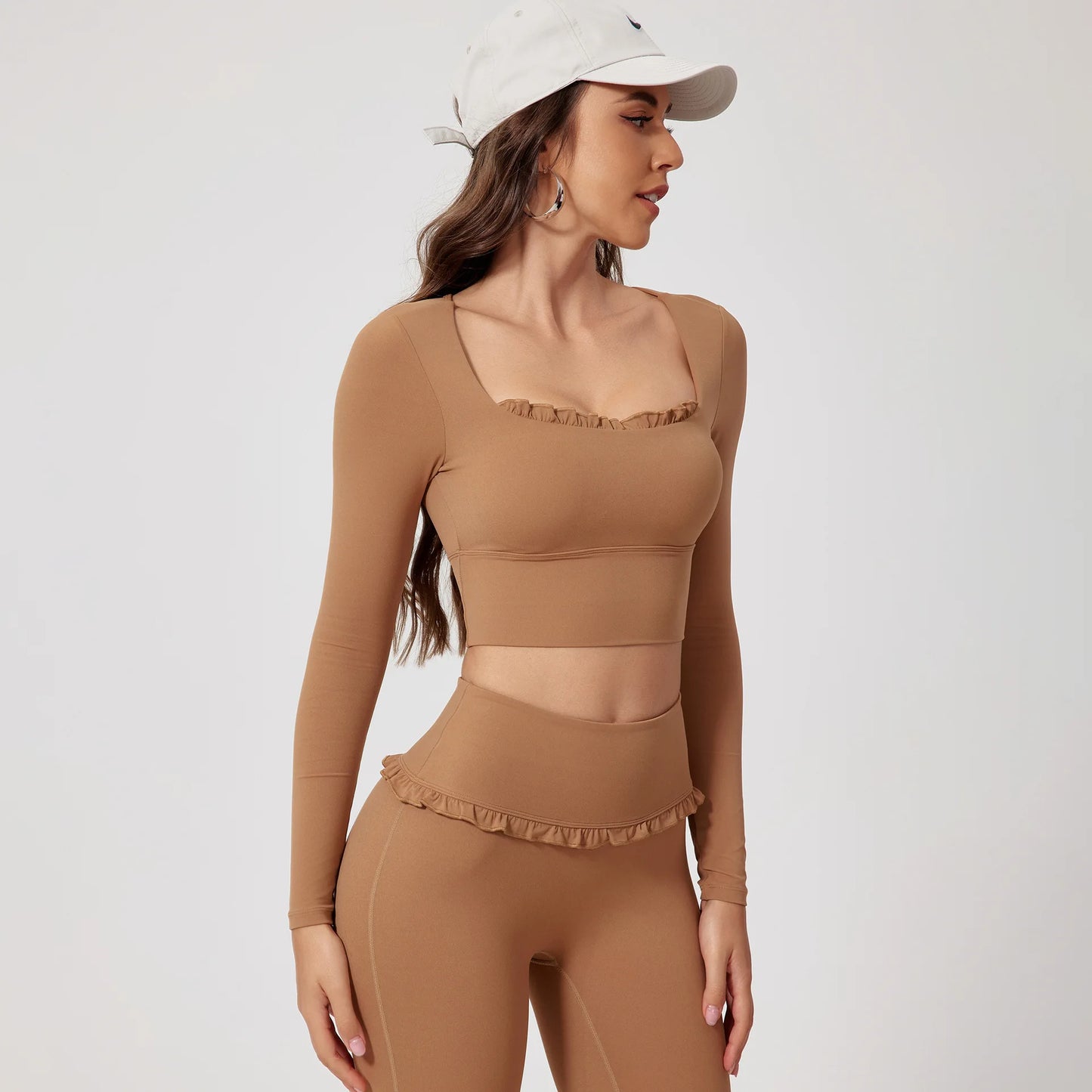 No. 8 Matching Set, Coquette, Ruffle Detailing Along Neckline And Waist, Long Sleeve, Crop Top, Square Neck