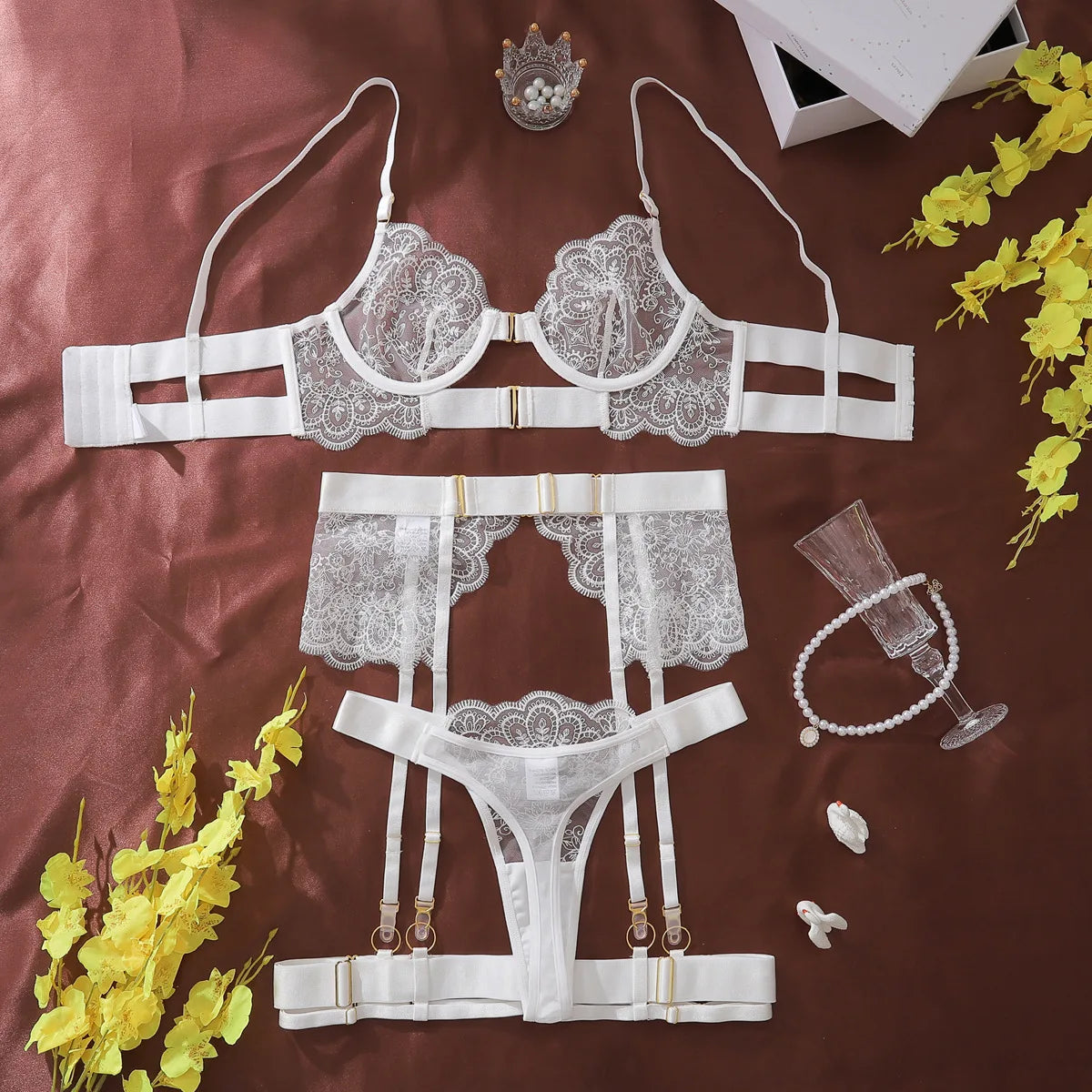 No. 1 Lingerie Set, 4 PC French Lace Scallop Bra, Thong, Garters With Belt