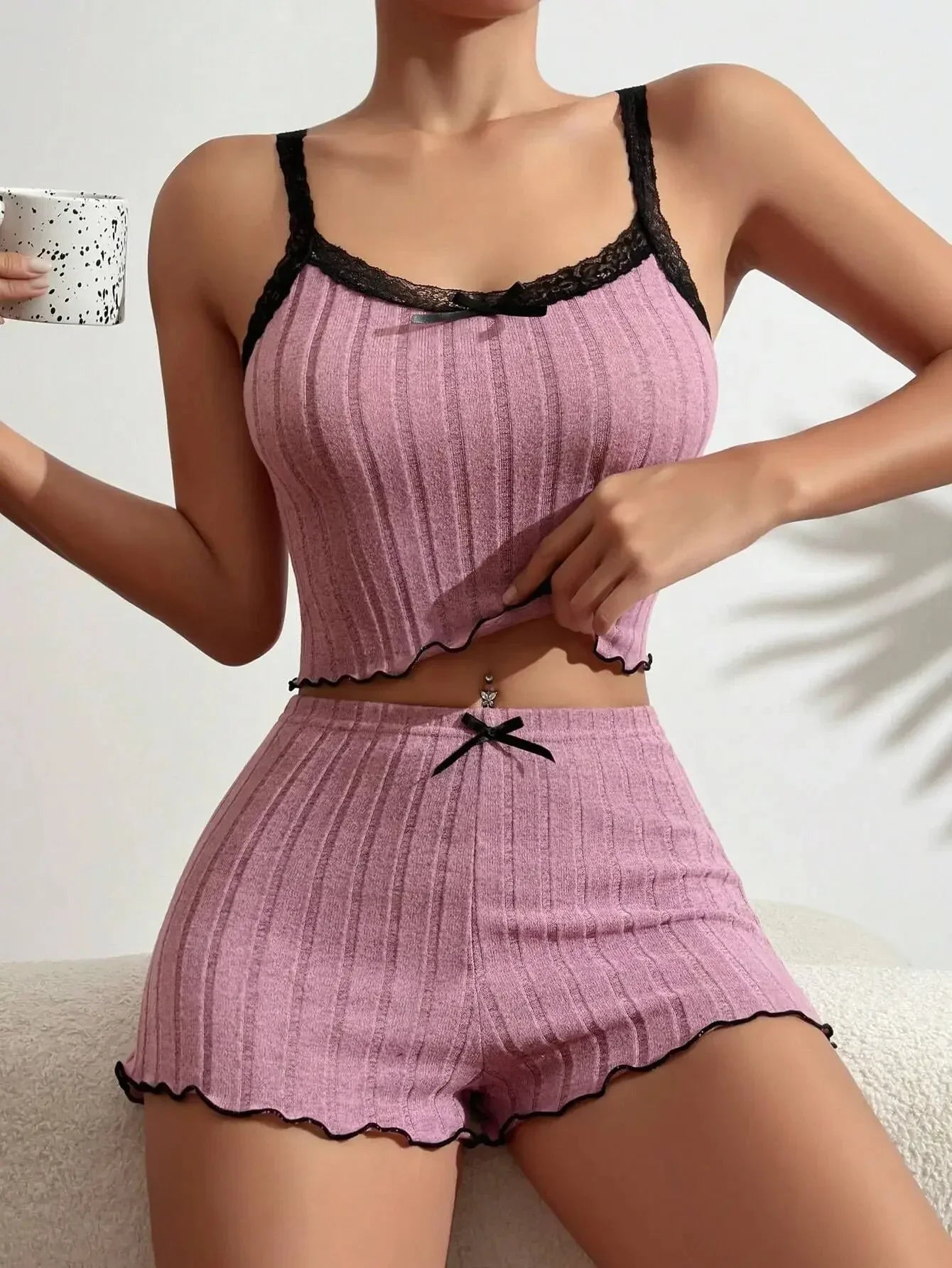 No. 6 Sleepwear Set, Ribbed, Knit, Lace Trim, Bow, Cami Crop Top, Lettuce Hem Shorts