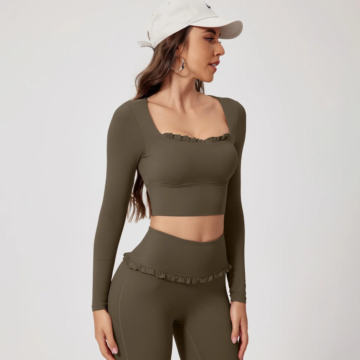 No. 8 Matching Set, Coquette, Ruffle Detailing Along Neckline And Waist, Long Sleeve, Crop Top, Square Neck