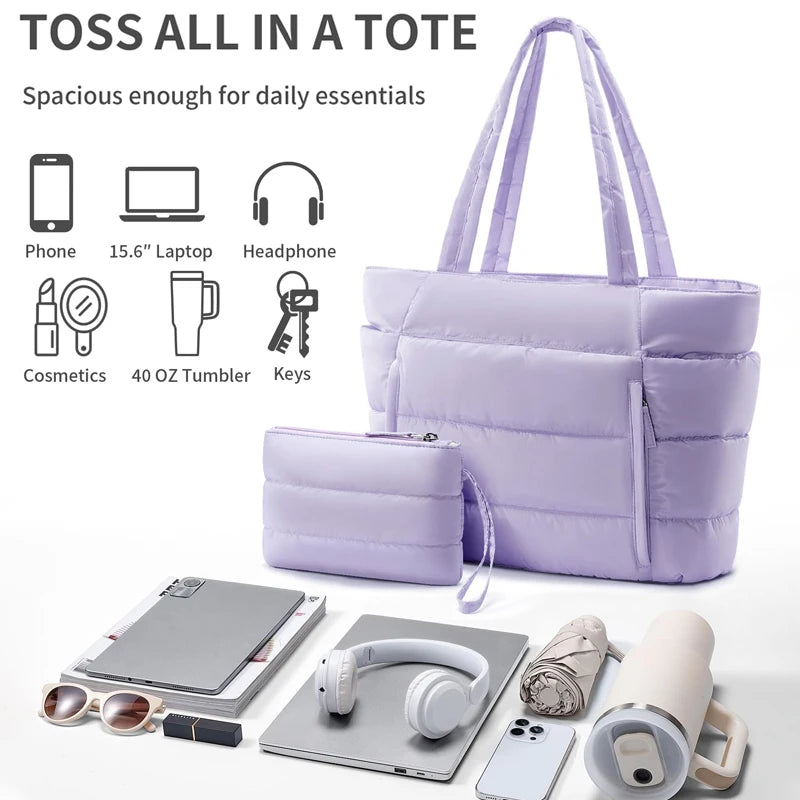 No. 4 Tote, Cloud Carry Quilted Tote, Soft Puffer-Style, Luggage Sleeve, Matching Pouch Included
