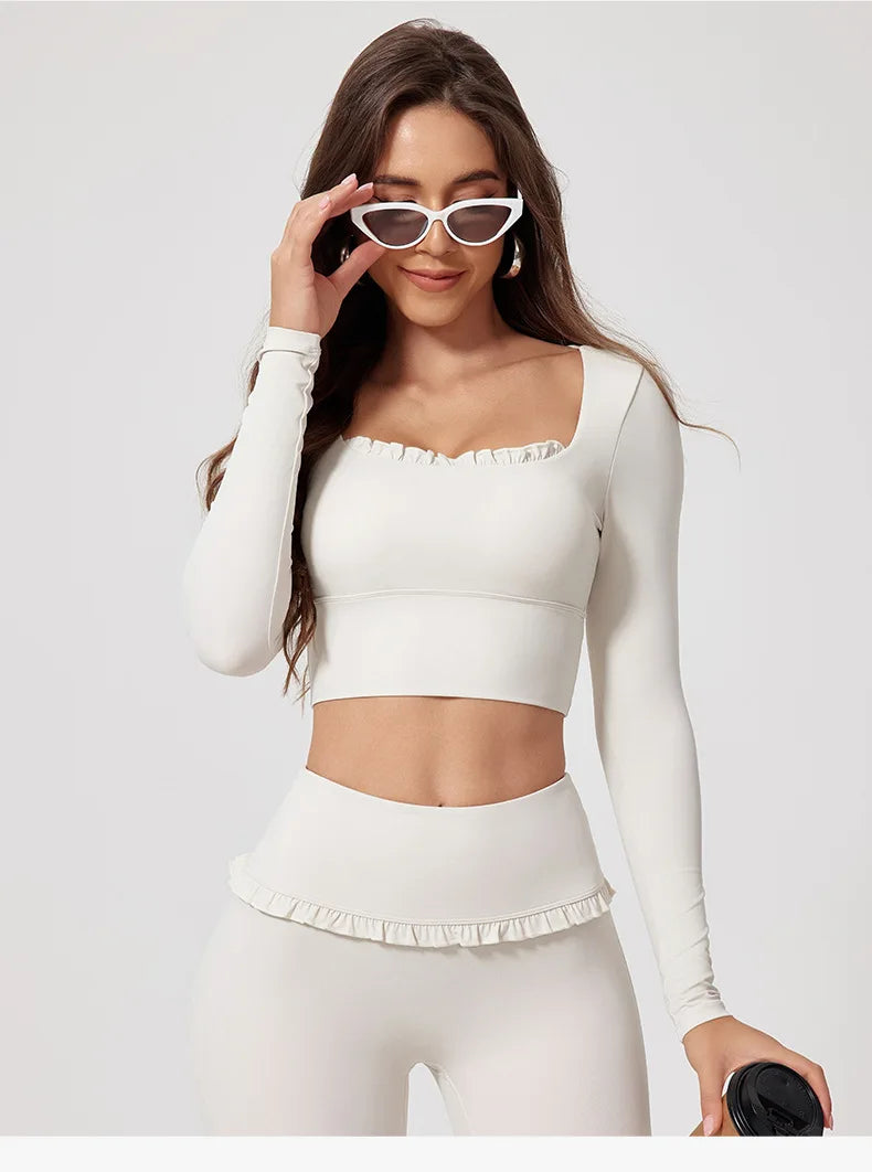No. 8 Matching Set, Coquette, Ruffle Detailing Along Neckline And Waist, Long Sleeve, Crop Top, Square Neck