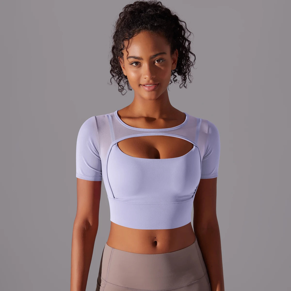 No. 6 Short Sleeve Shirt, 1PC, Peekaboo Neckline, Mesh Back and Chest Detail, Cropped Length