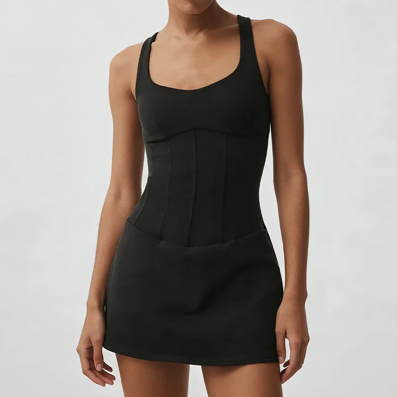 No. 8 Dress, Corset Waist Tennis Dress, Criss Cross Back, Under Shorts, Dry Fit