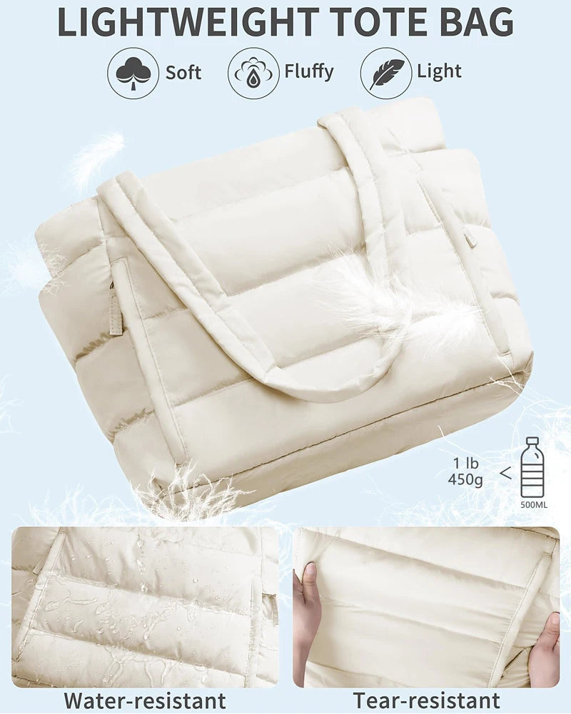 No. 4 Tote, Cloud Carry Quilted Tote, Soft Puffer-Style, Luggage Sleeve, Matching Pouch Included