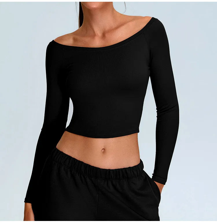 No. 2 Long Sleeve Shirt, Bare Shoulder, Boat Neckline, 4 Way Stretch, Soft Essential