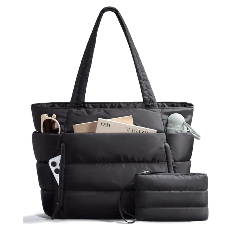 No. 4 Tote, Cloud Carry Quilted Tote, Soft Puffer-Style, Luggage Sleeve, Matching Pouch Included
