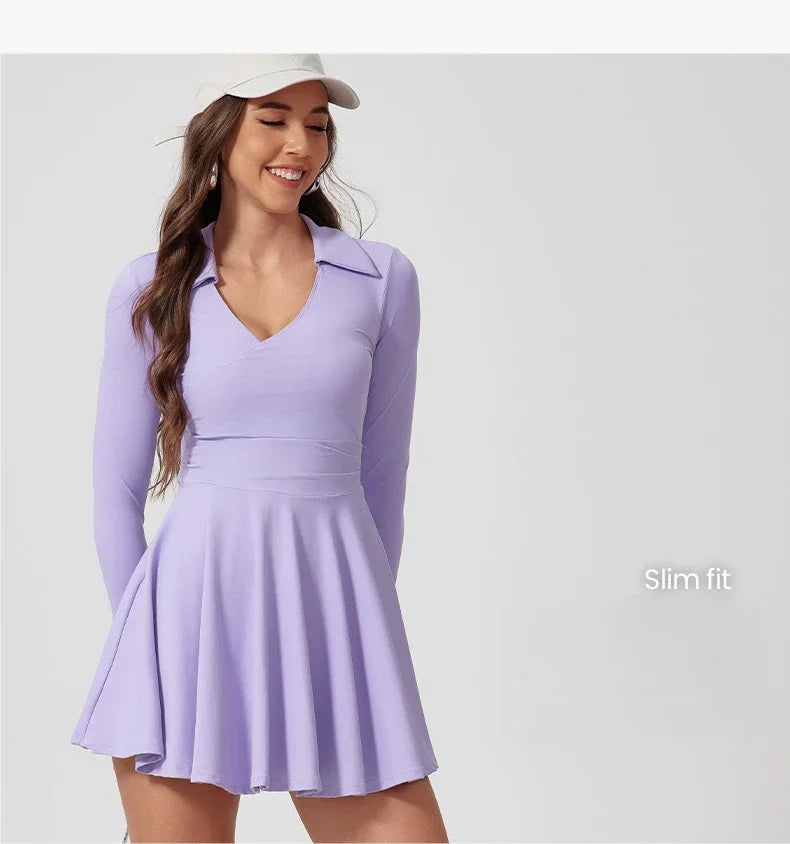 No. 5 Dress, Collared, V-Neck, Long Sleeve, Free Flowing Skirt With Shorts, Golf, Tennis