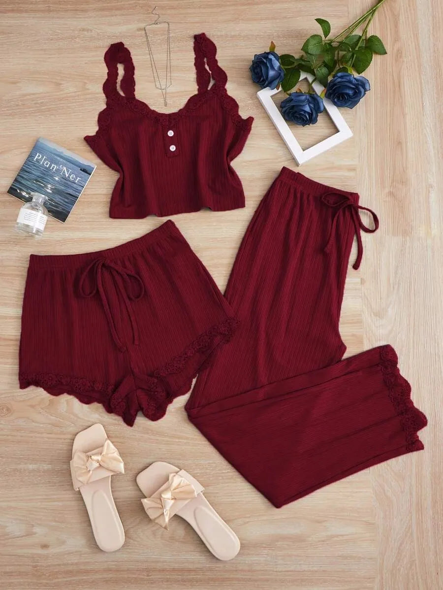 No. 5 Sleepwear Set, 3PC, Scalloped Neckline Tank Top, Ribbed Matching Shorty Short, Matching Scallop Hem Pant, Soft Essential