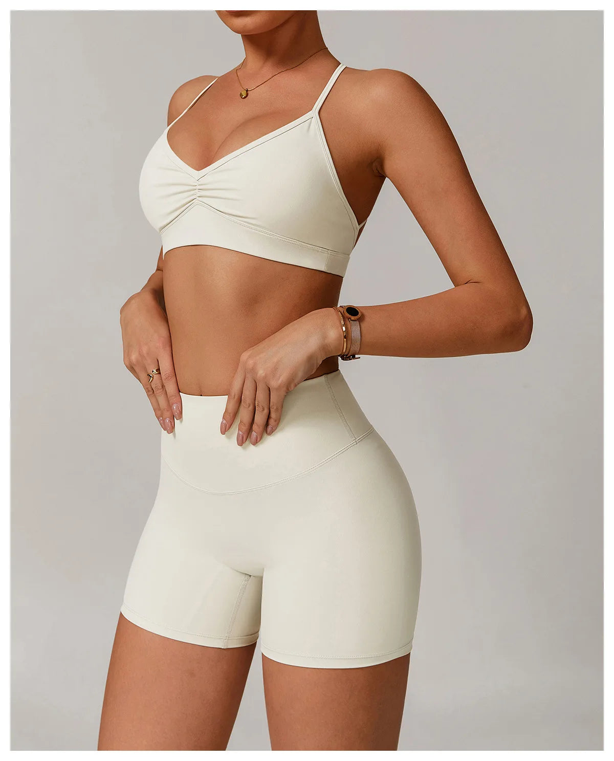 No. 2 Sports Bra, Plunging Neckline, Ruching Detailing, Halter Top, Open Back Design