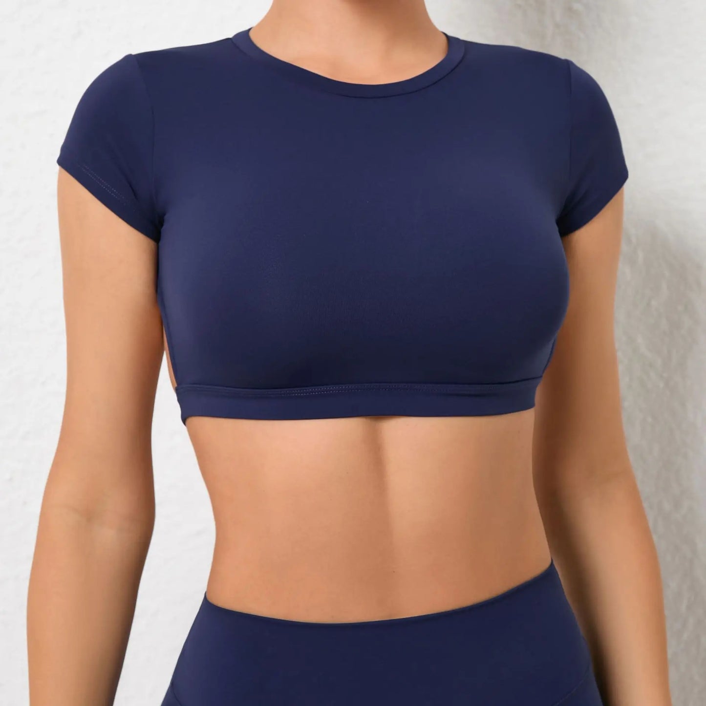 No. 5 Sports Bra, Backless Crop Top, Cupped Sleeves, Open Back, Faux Shirt