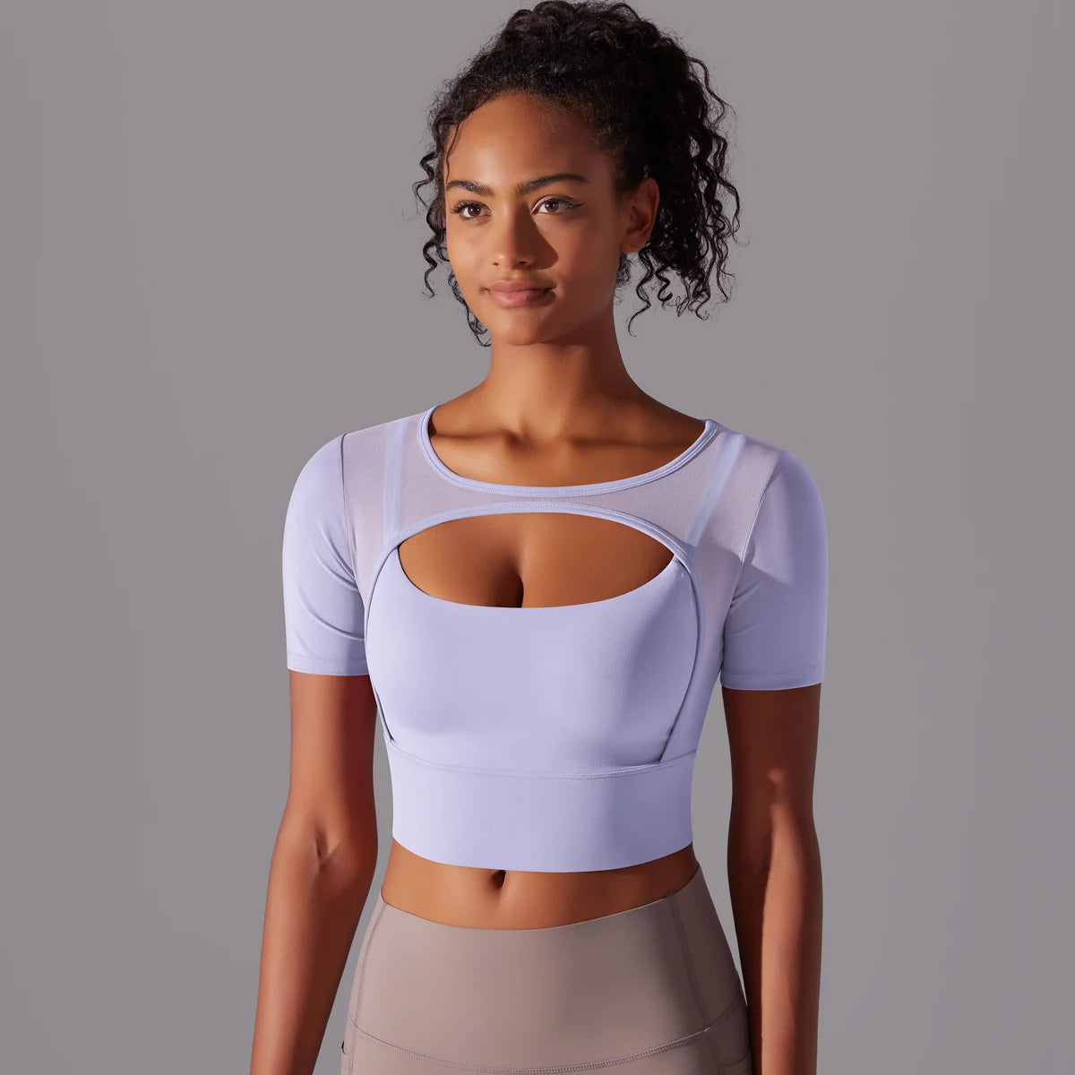 No. 6 Short Sleeve Shirt, 1PC, Peekaboo Neckline, Mesh Back and Chest Detail, Cropped Length