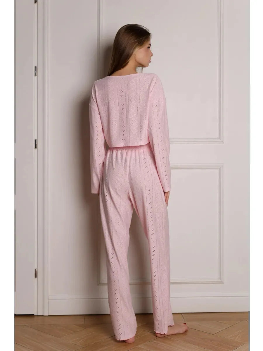 No. 7 Sleepwear Set, 2 PC, Semi Sheer, Long Sleeve, Pant, Eyelet Detailing, Cozy, Summer