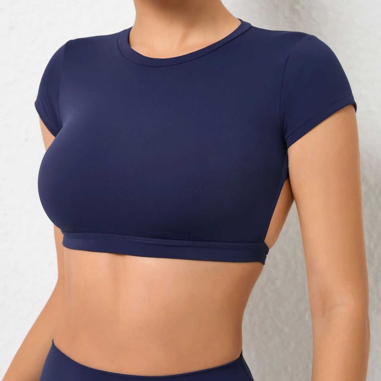 No. 5 Sports Bra, Backless Crop Top, Cupped Sleeves, Open Back, Faux Shirt