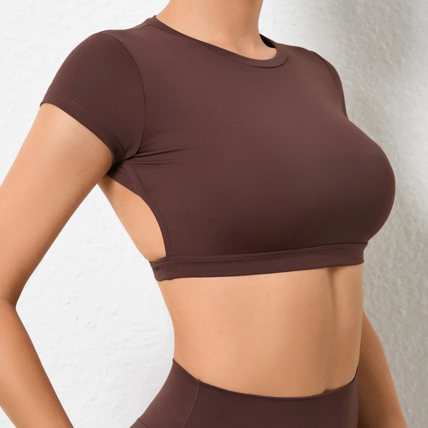 No. 5 Sports Bra, Backless Crop Top, Cupped Sleeves, Open Back, Faux Shirt