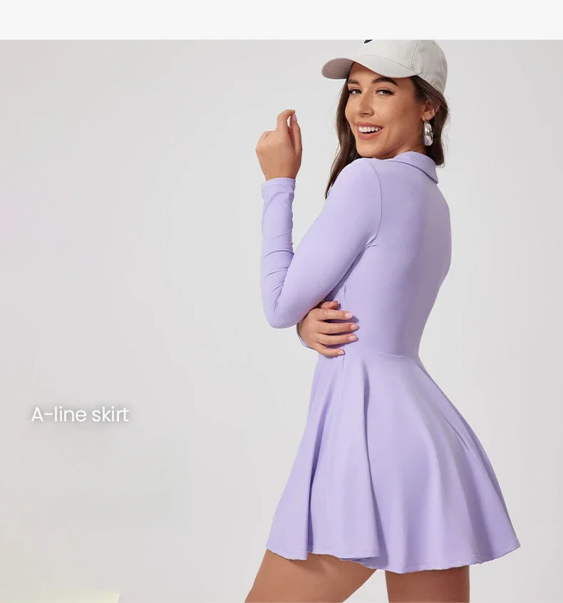 No. 5 Dress, Collared, V-Neck, Long Sleeve, Free Flowing Skirt With Shorts, Golf, Tennis