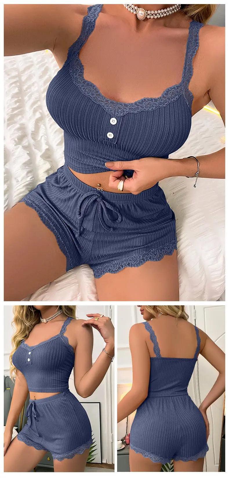 No. 2 Sleepwear Set, 2 PC, Ribbed Tank Top, Lace Straps & Neckline, Matching, Ribbed, Cozy Short