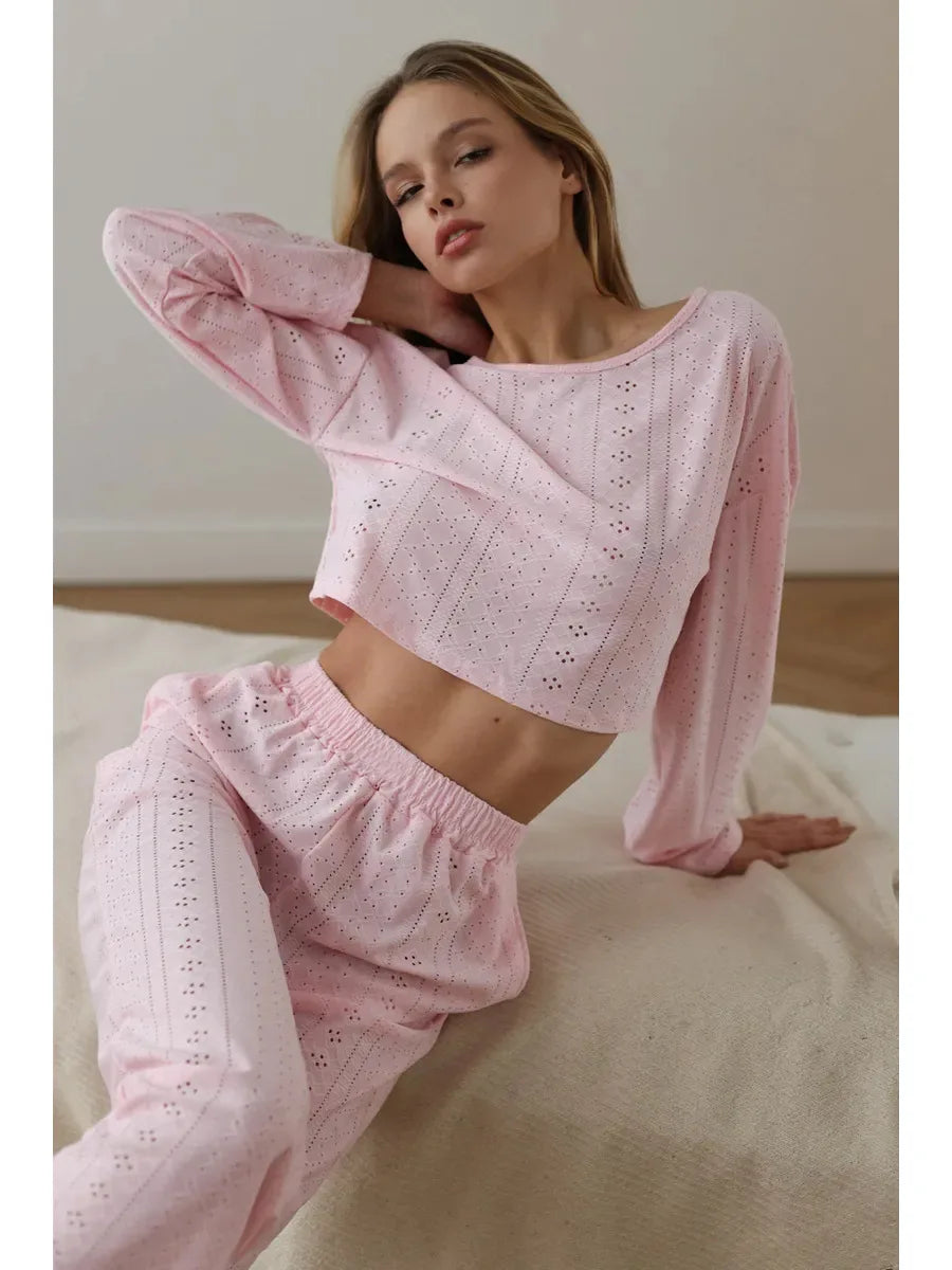 No. 7 Sleepwear Set, 2 PC, Semi Sheer, Long Sleeve, Pant, Eyelet Detailing, Cozy, Summer