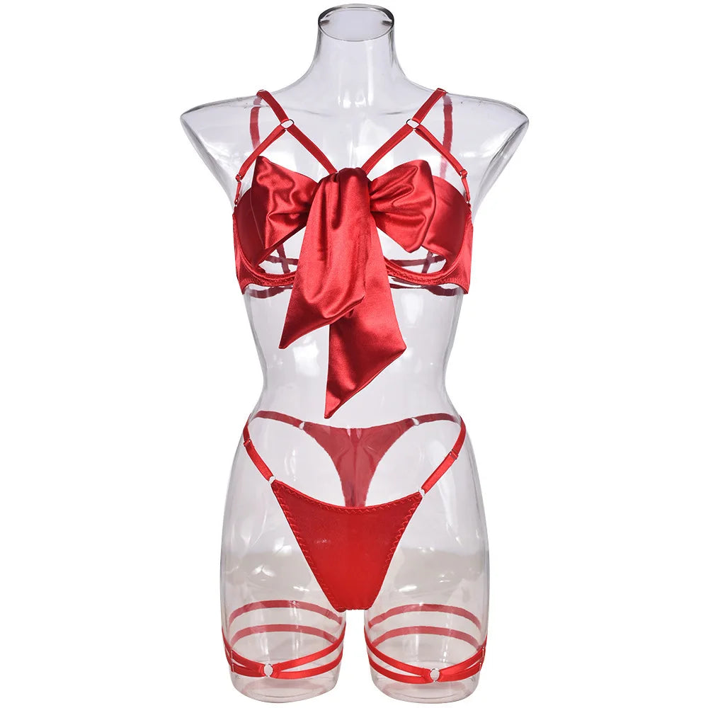 No. 2 Lingerie Set, 3 PC Gift Wrapped Bra With Hollow Cups, Caged Neckline, High Waist Thong, Garters