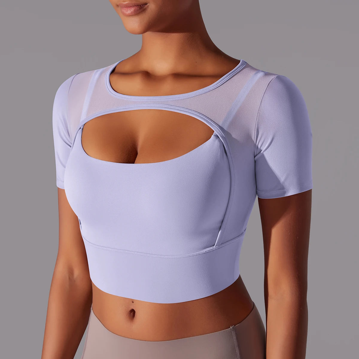 No. 6 Short Sleeve Shirt, 1PC, Peekaboo Neckline, Mesh Back and Chest Detail, Cropped Length