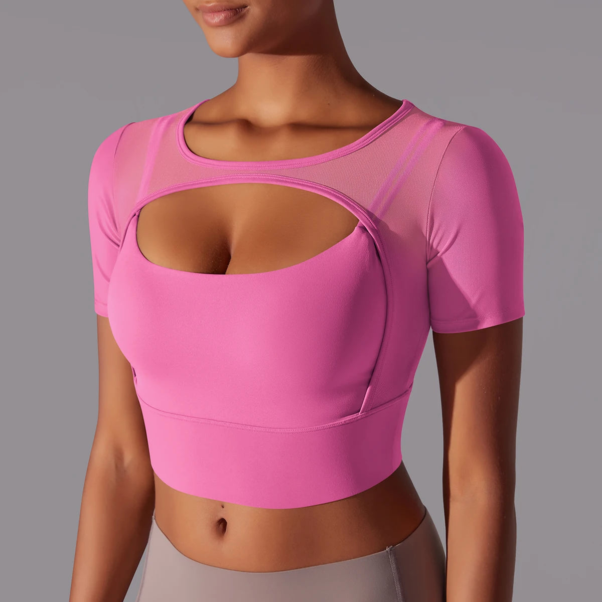 No. 6 Short Sleeve Shirt, 1PC, Peekaboo Neckline, Mesh Back and Chest Detail, Cropped Length