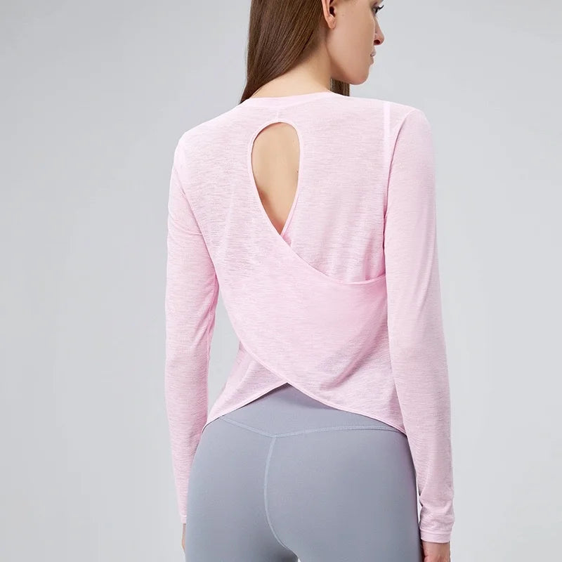 No. 4 Long Sleeve Shirt, Sheer, Light Weight, Cross Draping With Key Hole Back, Long-Sleeve