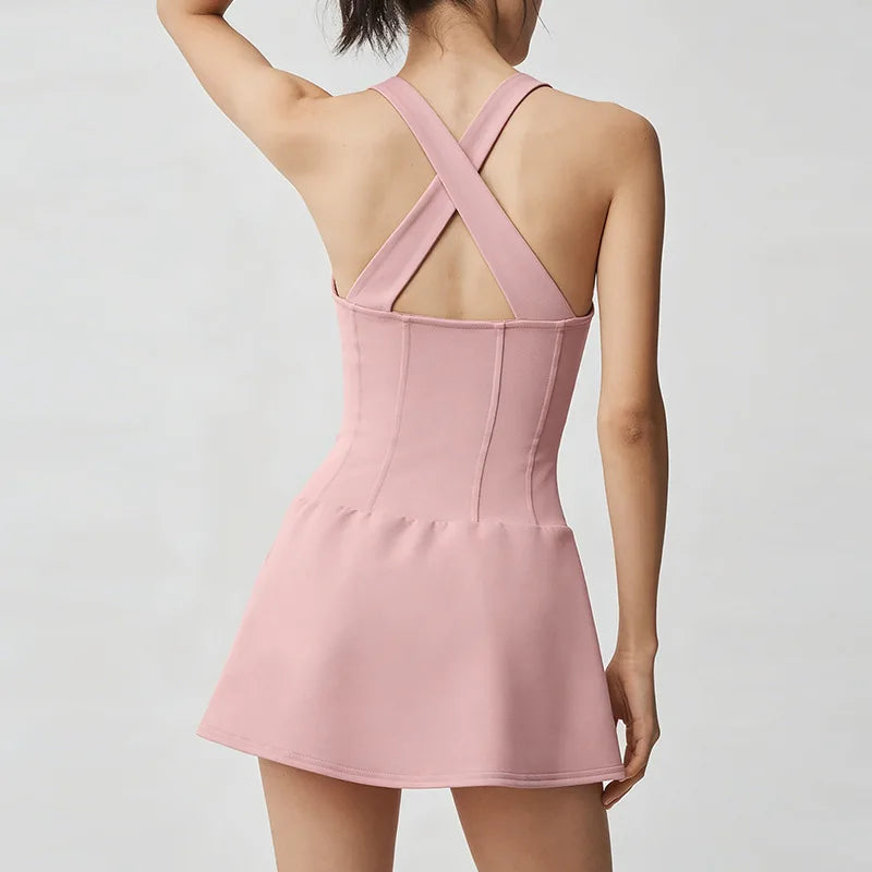 No. 8 Dress, Corset Waist Tennis Dress, Criss Cross Back, Under Shorts, Dry Fit